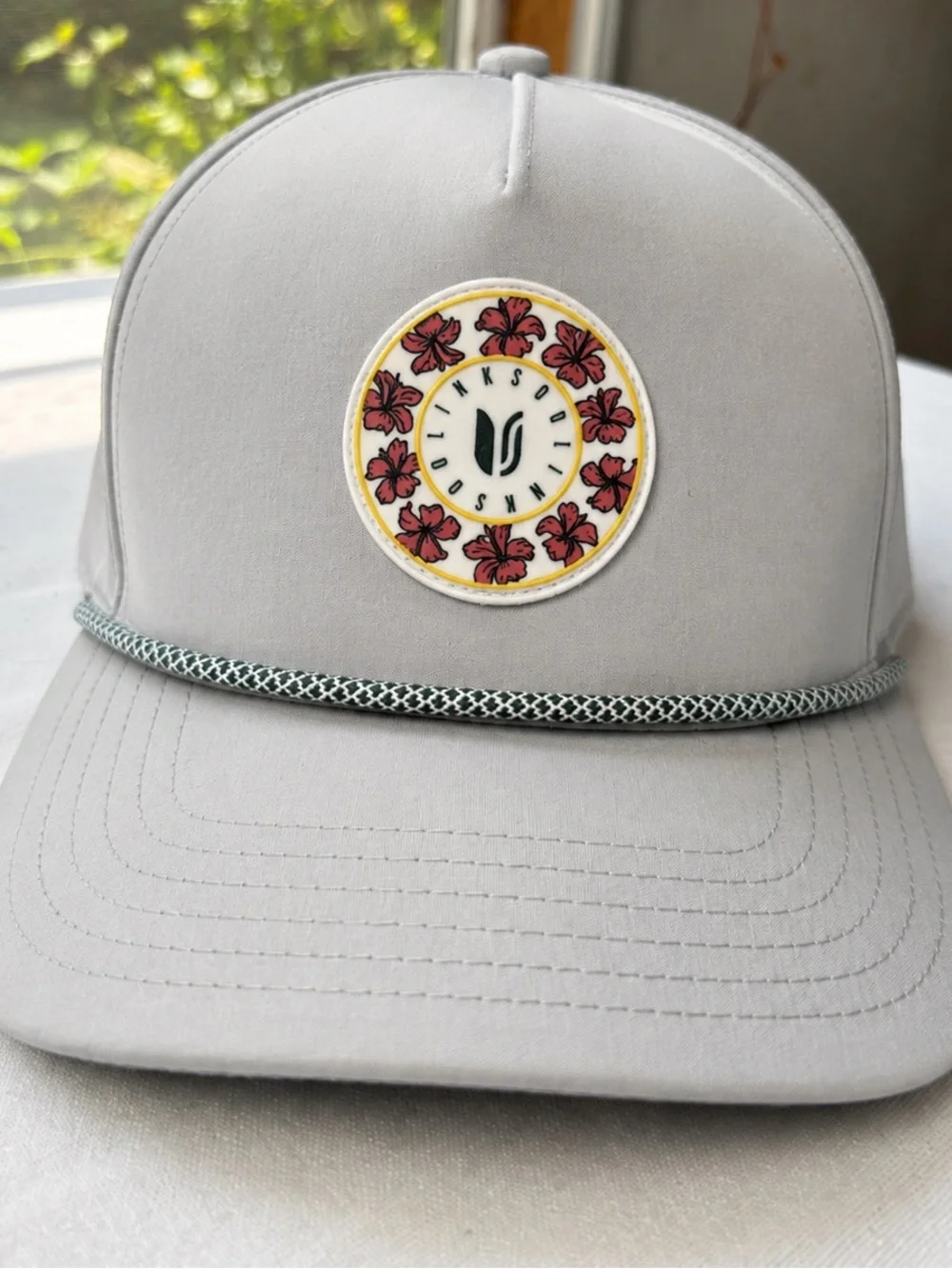 NEW Linksoul Gray 5 Panel Rope Trucker Hat Baseball Hat Pink Patch Snap Back